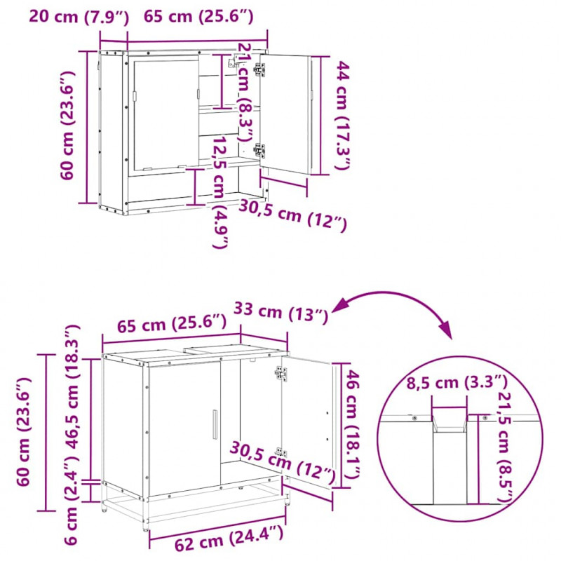 Zestaw mebli łazienkowych z szufladą z półką 3 pcs Stare drewno