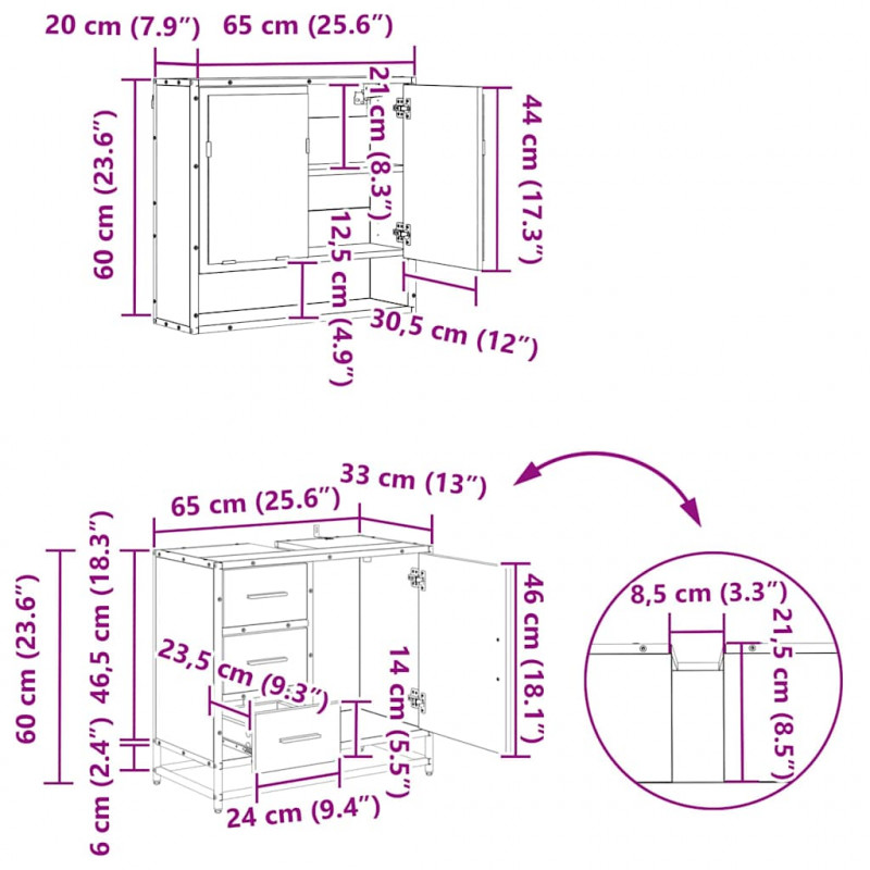 Zestaw mebli łazienkowych z szufladą z półką 3 pcs Czarny Dąb
