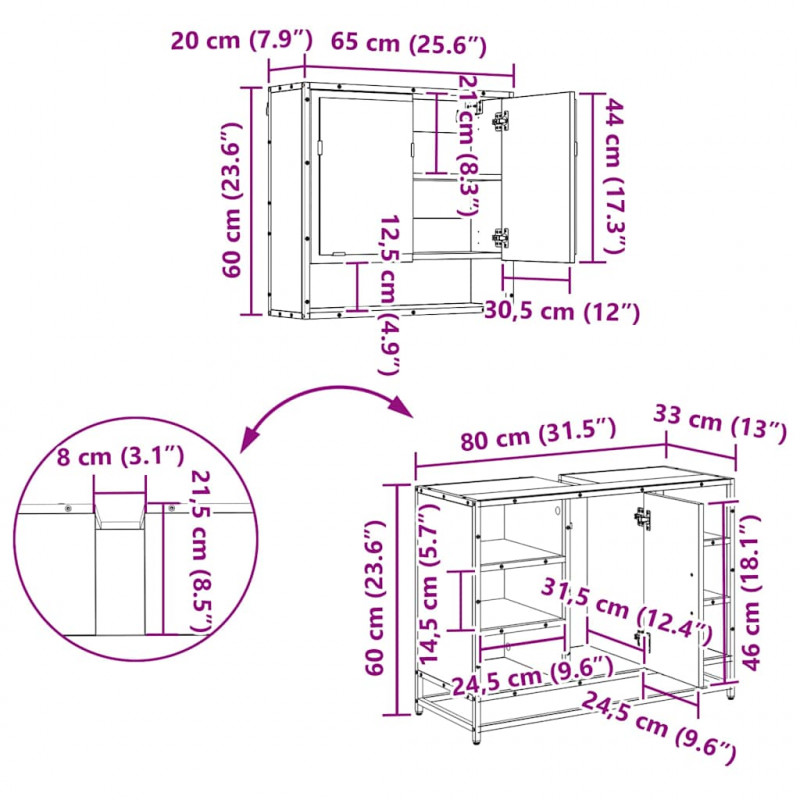 Zestaw mebli łazienkowych z półką z drzwiami 2 pcs Stare drewno