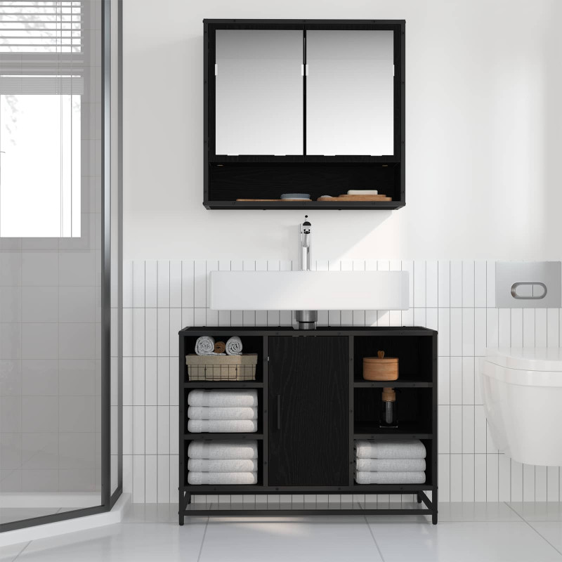Zestaw mebli łazienkowych z półką z drzwiami 2 pcs Czarny Dąb