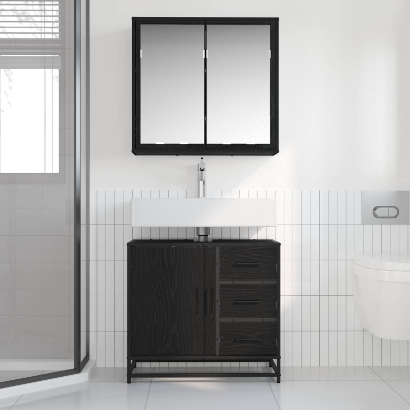 Zestaw mebli łazienkowych z szufladą Z lustrem 2 pcs Czarny dąb