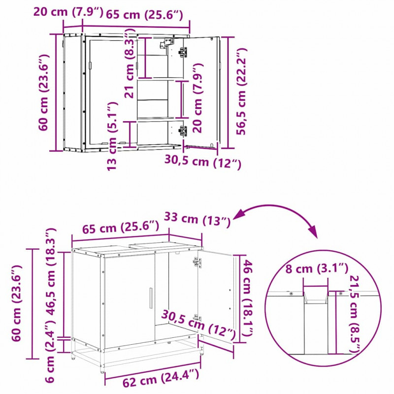 Zestaw mebli łazienkowych z szufladą z półką 3 pcs Czarny Dąb