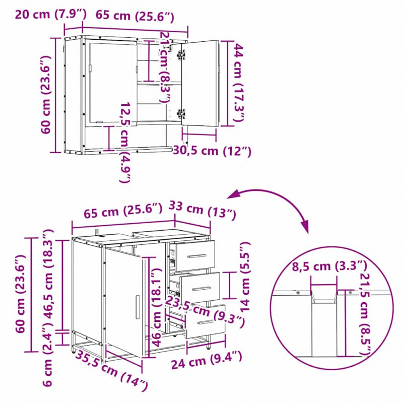 Zestaw mebli łazienkowych z szufladą z półką 3 pcs Stare drewno