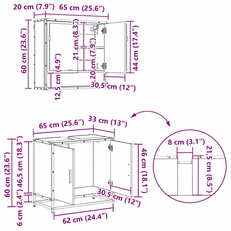 Zestaw mebli łazienkowych z półką z drzwiami 3 pcs Stare drewno