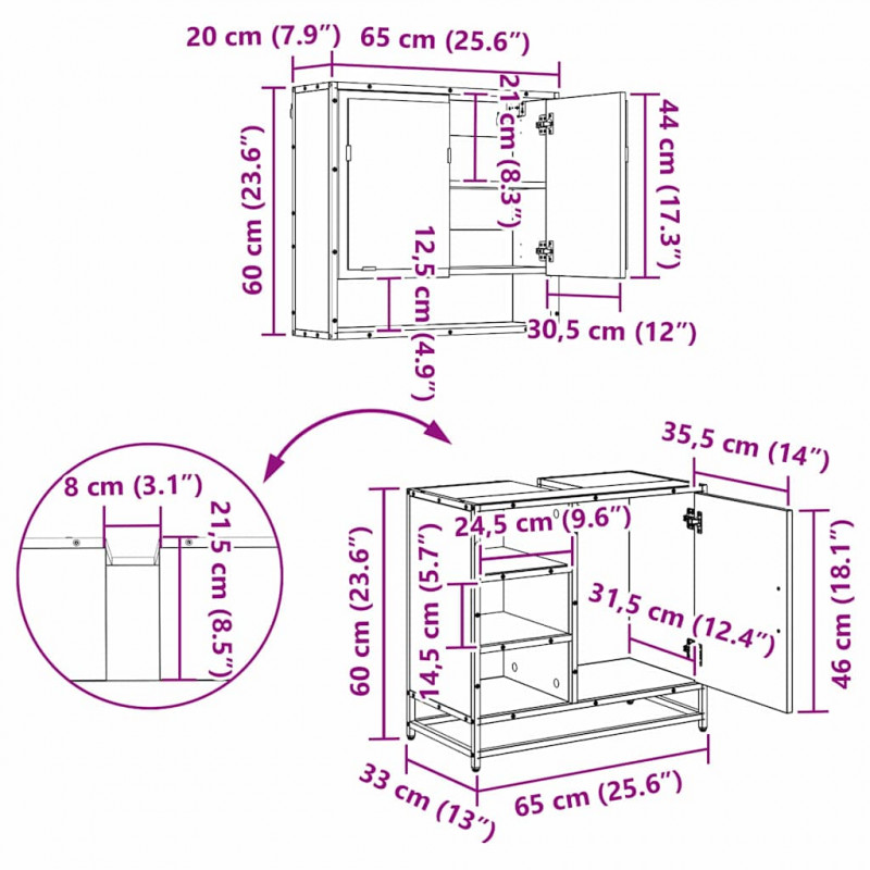 Zestaw mebli łazienkowych z szufladą z półką 2 pcs Czarny Dąb