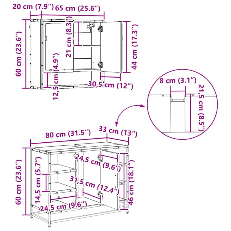 Zestaw mebli łazienkowych z szufladą z półką 4 pcs Czarny Dąb