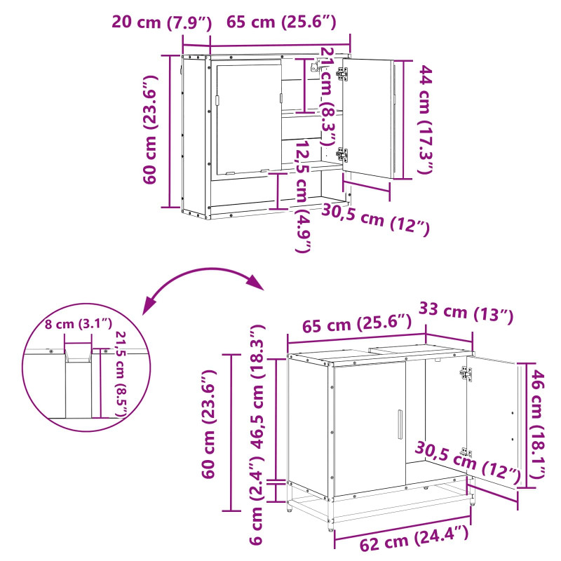 Zestaw mebli łazienkowych z półką z drzwiami 2 pcs Stare drewno