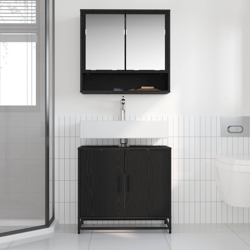 Zestaw mebli łazienkowych z półką z drzwiami 2 pcs Czarny Dąb
