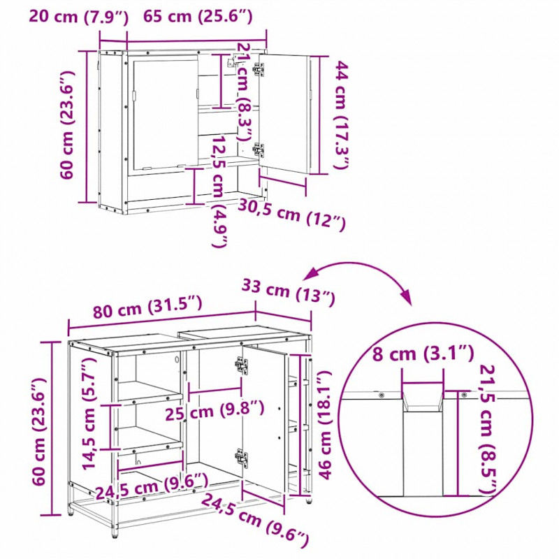 Zestaw mebli łazienkowych z szufladą z półką 3 pcs Stare drewno