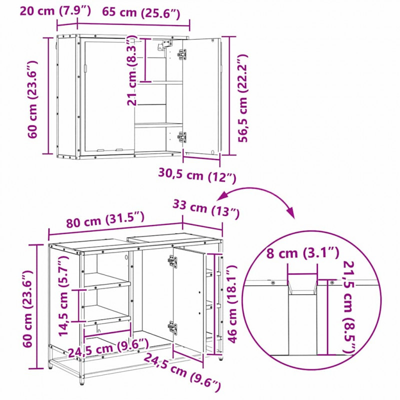 Zestaw mebli łazienkowych z szufladą z półką 4 pcs Czarny Dąb
