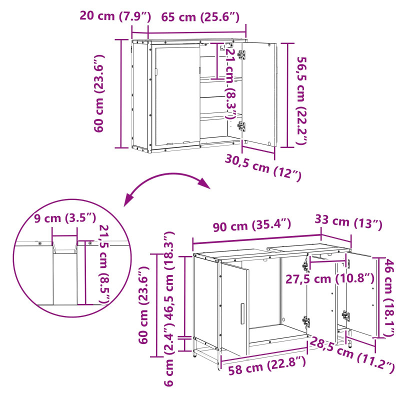 Zestaw mebli łazienkowych z półką z drzwiami 2 pcs Stare drewno