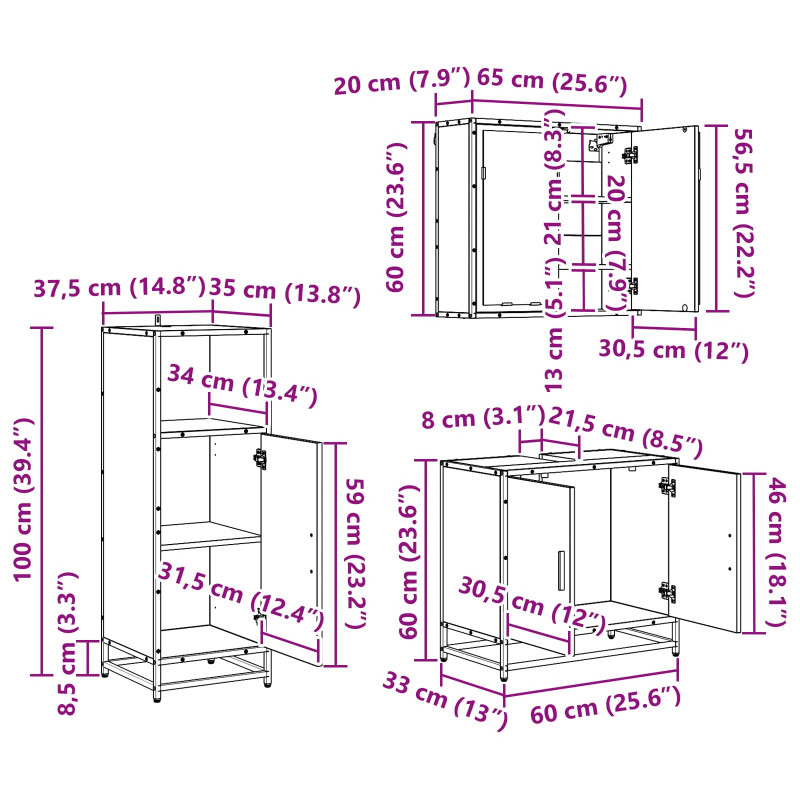 Zestaw mebli łazienkowych z półką z drzwiami 3 pcs Czarny Dąb