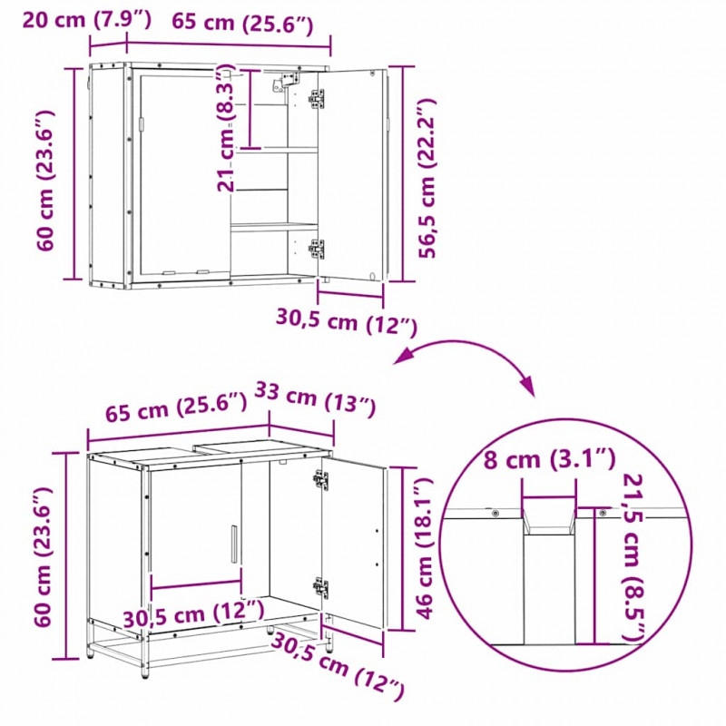Zestaw mebli łazienkowych z szufladą z półką 4 pcs Stare drewno