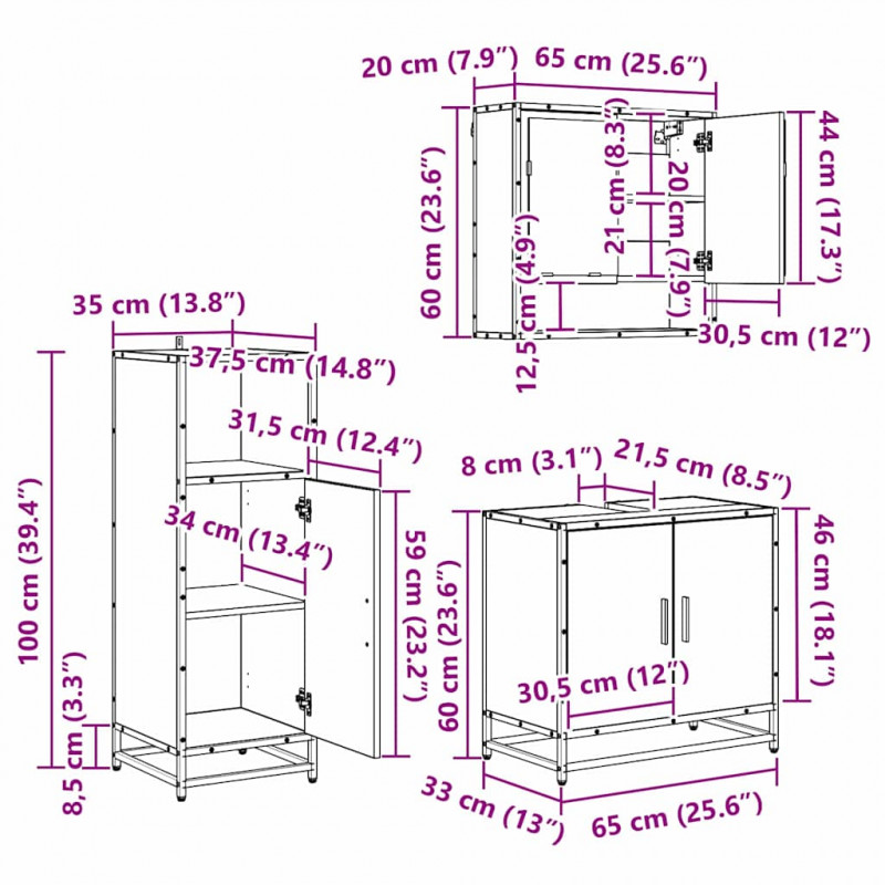 Zestaw mebli łazienkowych z półką z drzwiami 3 pcs Czarny Dąb