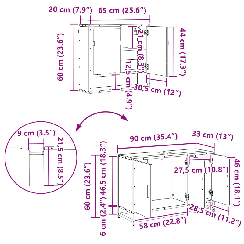 Zestaw mebli łazienkowych z półką z drzwiami 2 pcs Stare drewno