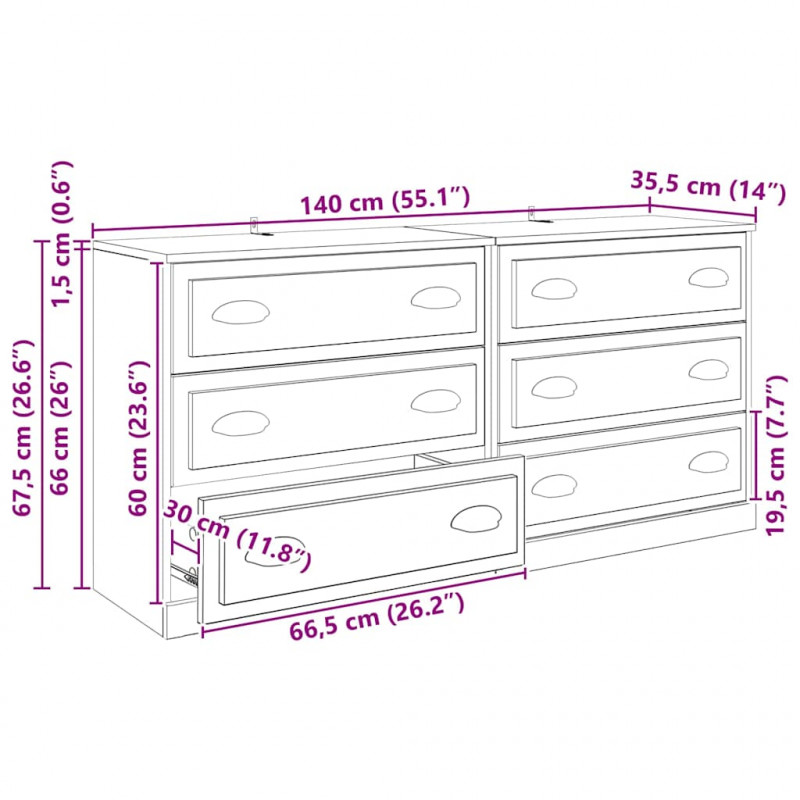 Komody z szufladą 2 pcs Czarny Dąb 70 x 35,5 x 67,5 cm