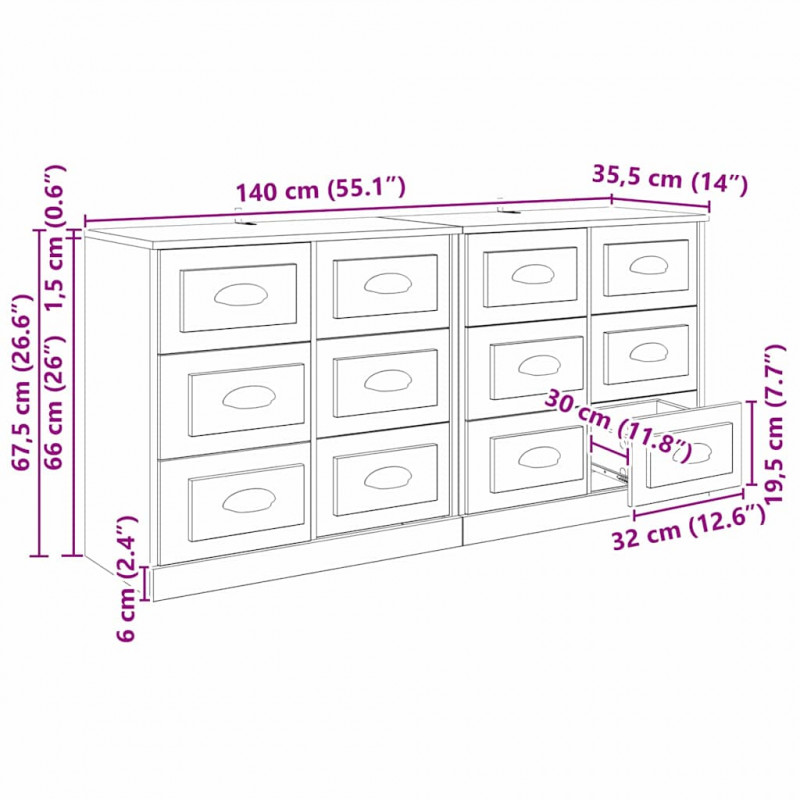 Komody z szufladą 2 pcs Czarny Dąb 70 x 35,5 x 67,5 cm