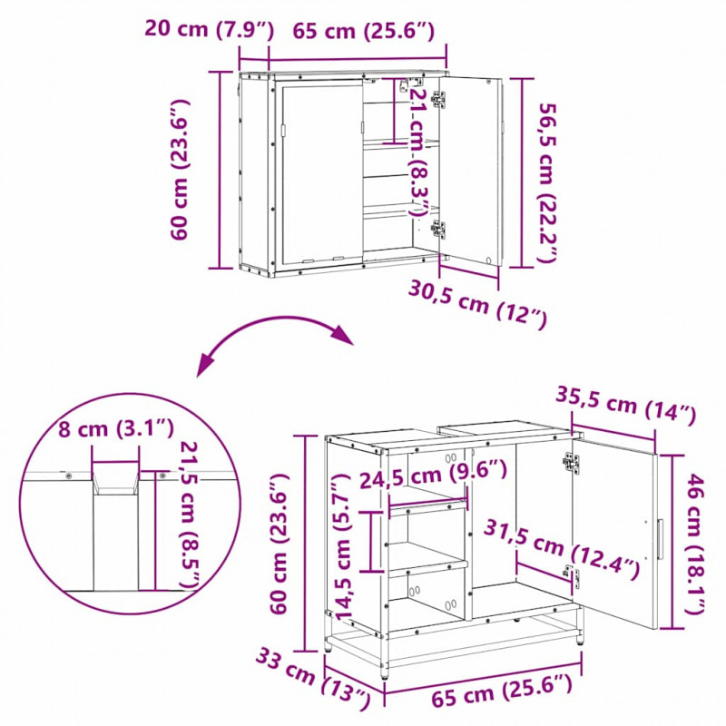 Zestaw mebli łazienkowych z półką z drzwiami 2 pcs Stare drewno