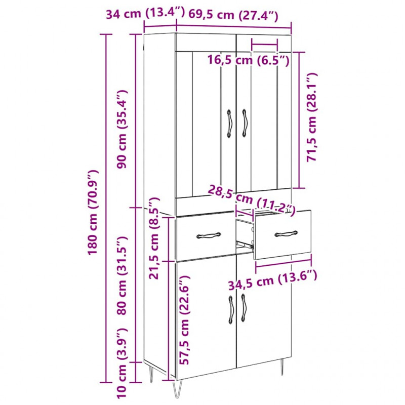 Highboard z szufladą Stare drewno 69,5 x 34 x 90 cm