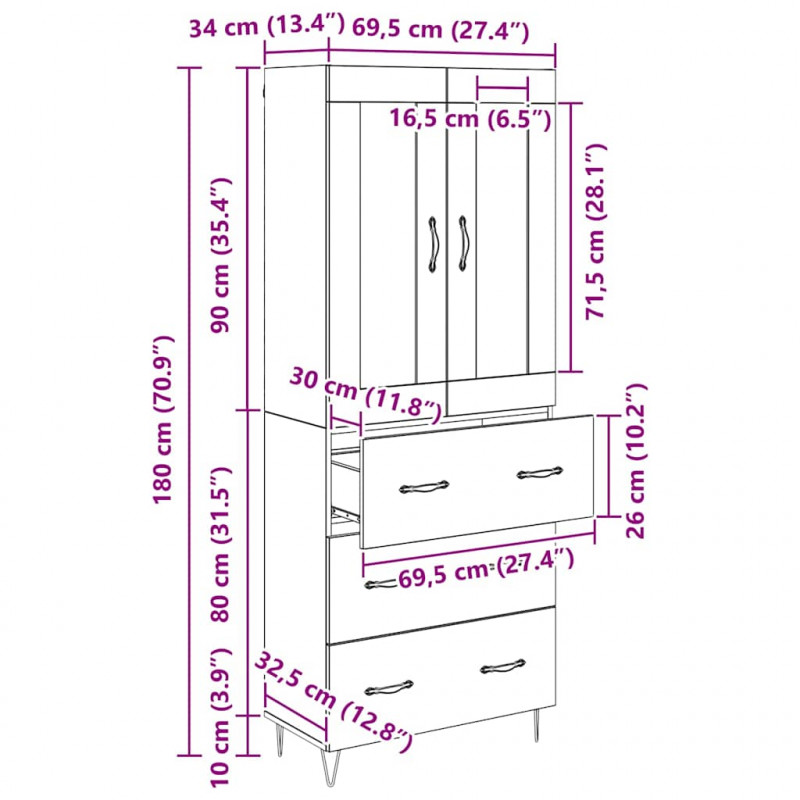Highboard z szufladą Dąb rzemieślniczy 69,5 x 34 x 90 cm