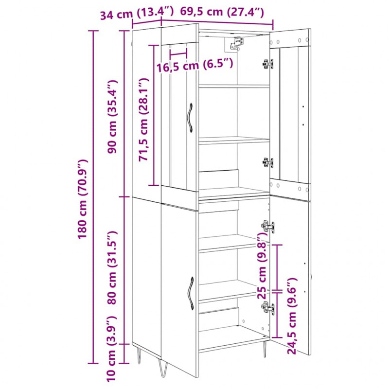 Highboard Białe i czarne dębowe 69,5 x 34 x 180 cm
