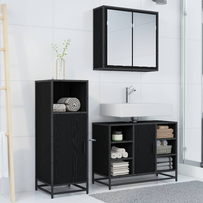 Zestaw mebli łazienkowych z półką z drzwiami 3 pcs Czarny Dąb