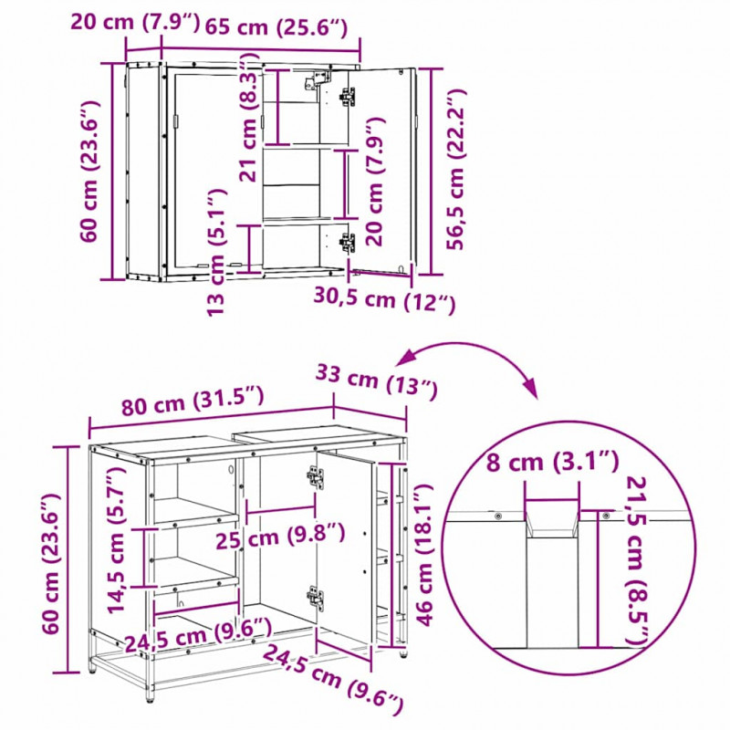 Zestaw mebli łazienkowych z szufladą z półką 3 pcs Czarny Dąb