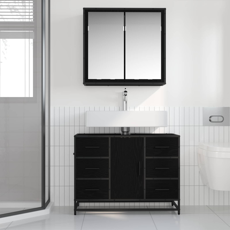 Zestaw mebli łazienkowych z szufladą z półką 2 pcs Czarny Dąb