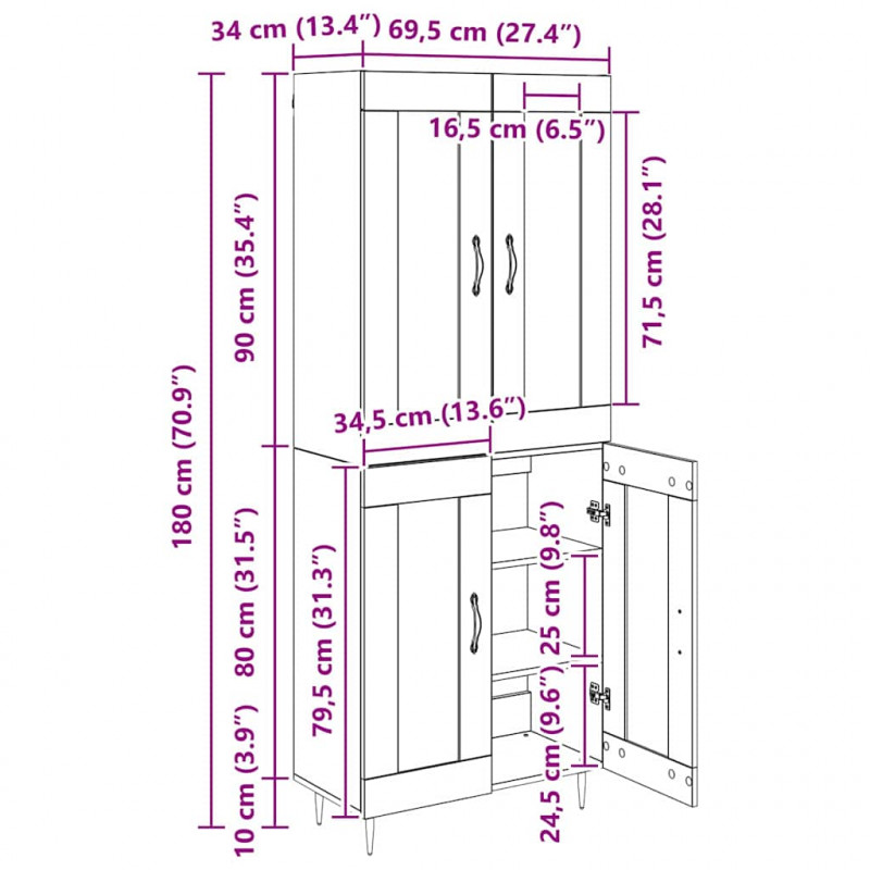 Highboard Dąb rzemieślniczy 69,5 x 34 x 90 cm