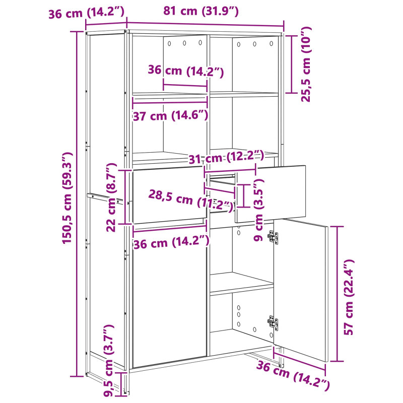 Bufet z szufladą 2 pcs Dąb rzemieślniczy 81 x 36 x 150.5 cm