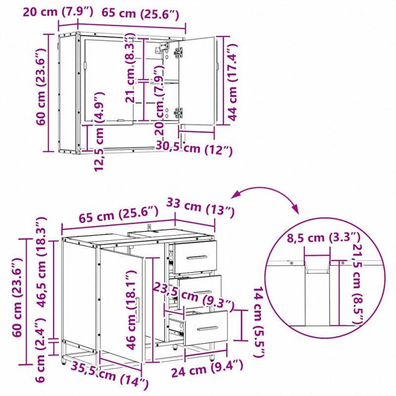 Zestaw mebli łazienkowych z szufladą z półką 4 pcs Czarny Dąb