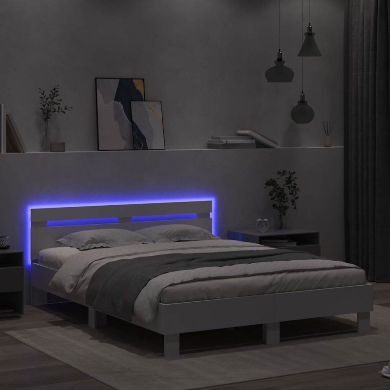 Ramka łóżka z LED Biały 152 x 203 cm Materiał drewnopochodny
