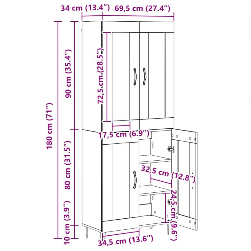 Highboard Czarny Dąb 69,5 x 34 x 180 cm Materiał drewnopochodny