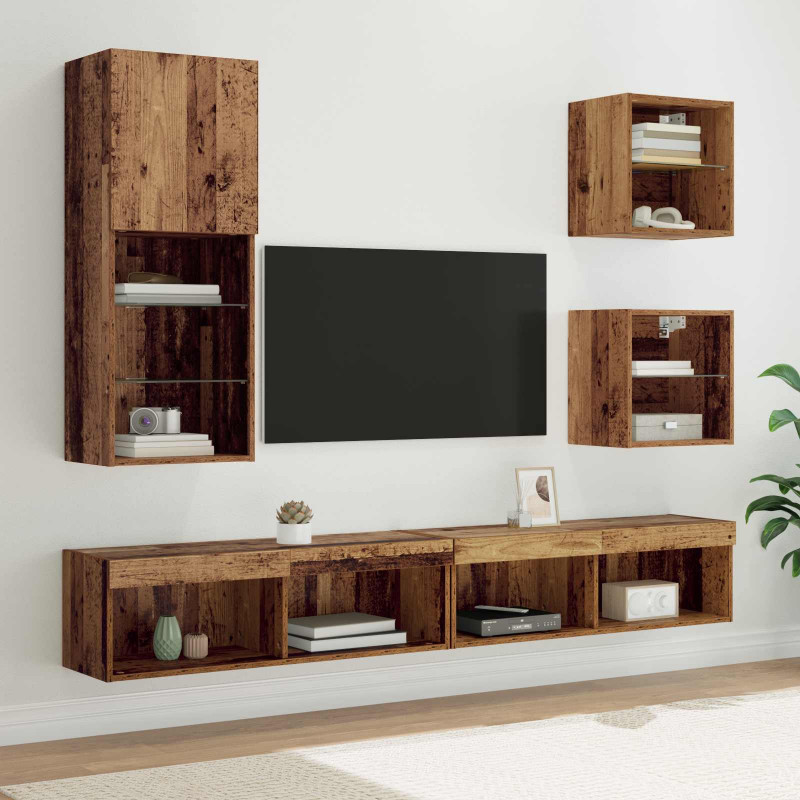 Jednostki TV na ścianę z LED Ze LED Lights 5 pcs Stare drewno