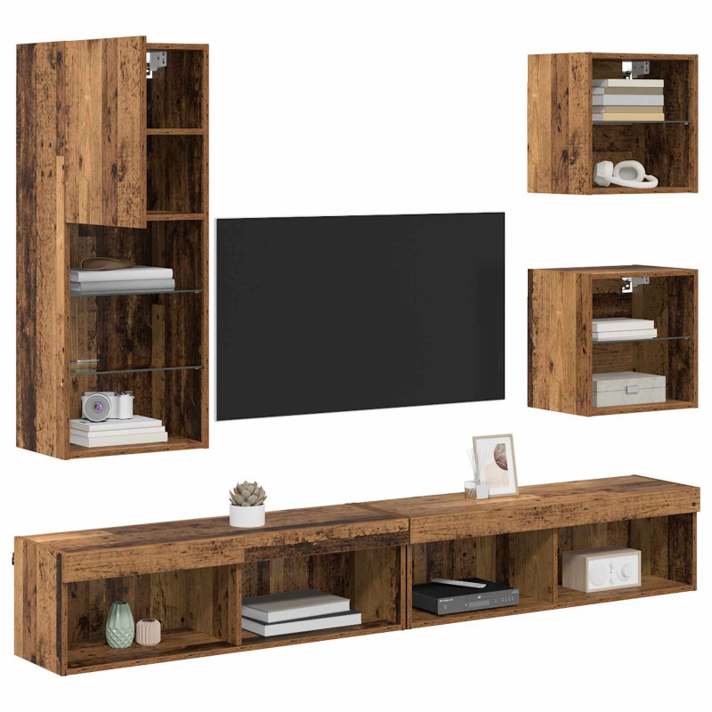 Jednostki TV na ścianę z LED Ze LED Lights 5 pcs Stare drewno