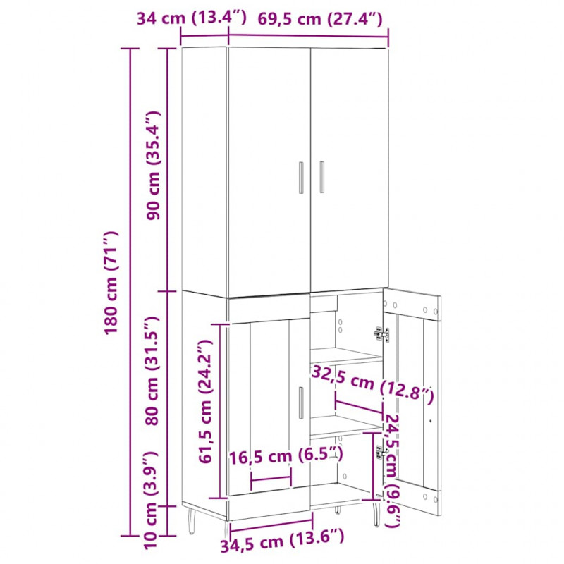 Highboard 2 pcs Dąb rzemieślniczy Drewno inżynieryjne i szkło