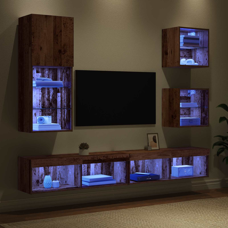Jednostki TV na ścianę z LED Ze LED Lights 5 pcs Stare drewno