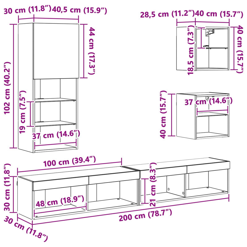 Jednostki TV na ścianę z LED Ze LED Lights 5 pcs Stare drewno