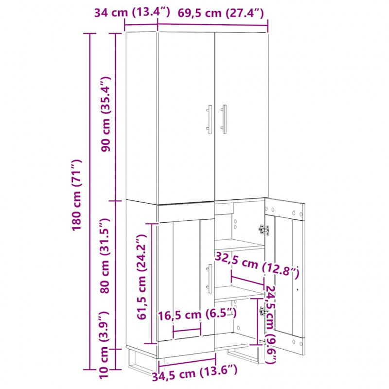 Highboard 2 pcs Czarny Dąb 69,5 x 34 x 180 cm