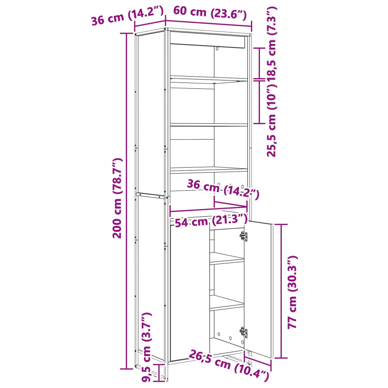 Wysokie szafki 2 pcs Dąb dymny 60 x 36 x 200 cm