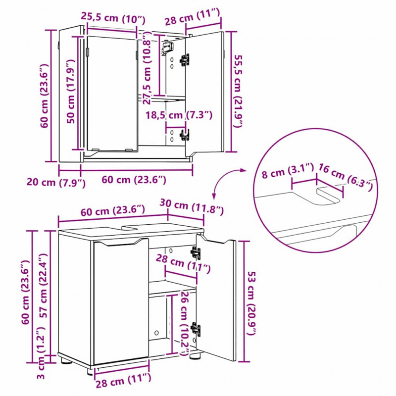 Zestaw mebli łazienkowych z szufladą z półką 3 pcs Stare drewno