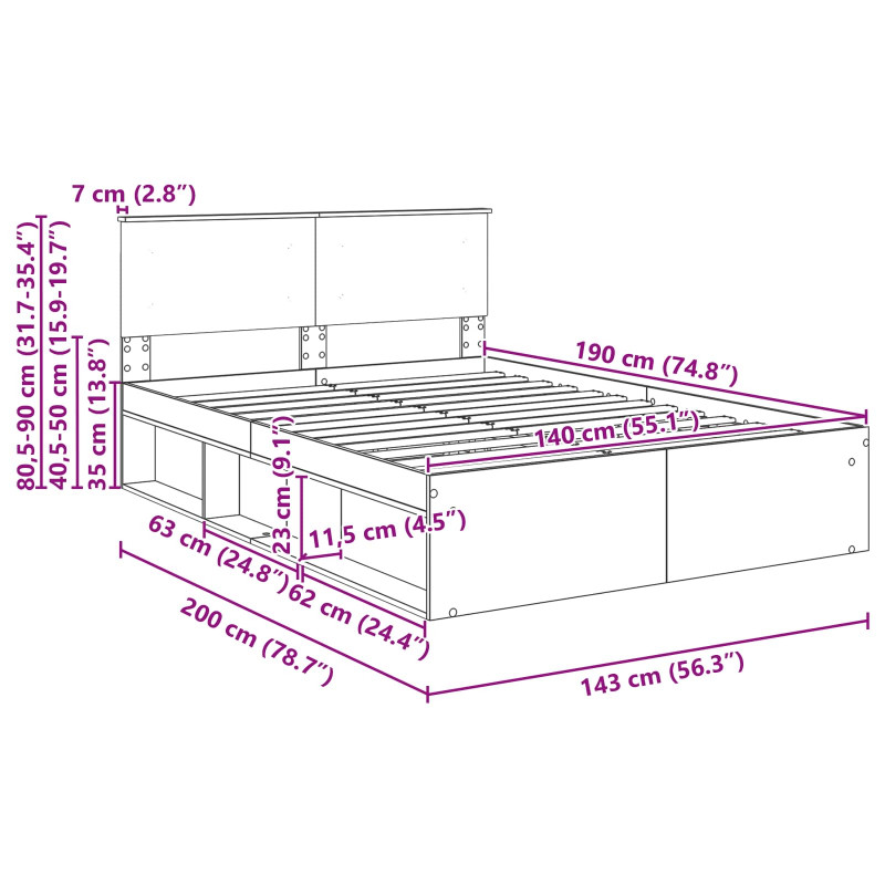 Ramka łóżka Dąb wędzony 140 x 190 cm Materiał drewnopochodny