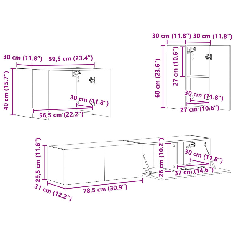 Zestaw szafki pod telewizor na ścianę 4 pcs Czarny