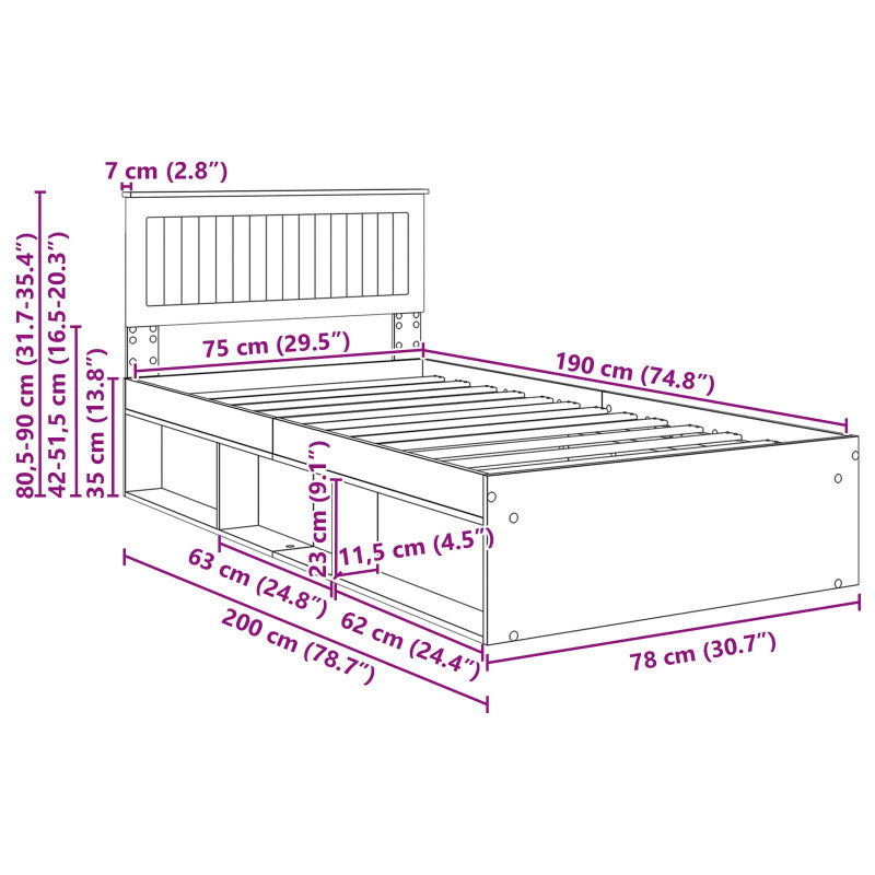 Ramka łóżka Dąb wędzony 75 x 190 cm Lite drewno sosnowe