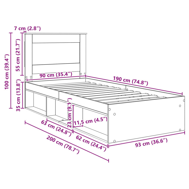 Ramka łóżka Stare drewno 90 x 190 cm Lite drewno sosnowe