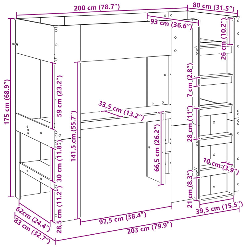 Rama łóżka piętrowego z biurkiem Dąb rzemieślniczy 80 x 200 cm