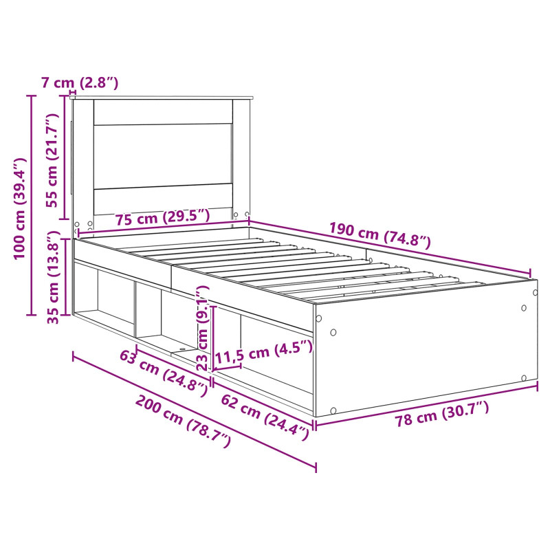 Ramka łóżka Z zagłówkiem Czarny 75 x 190 cm Lite drewno sosnowe
