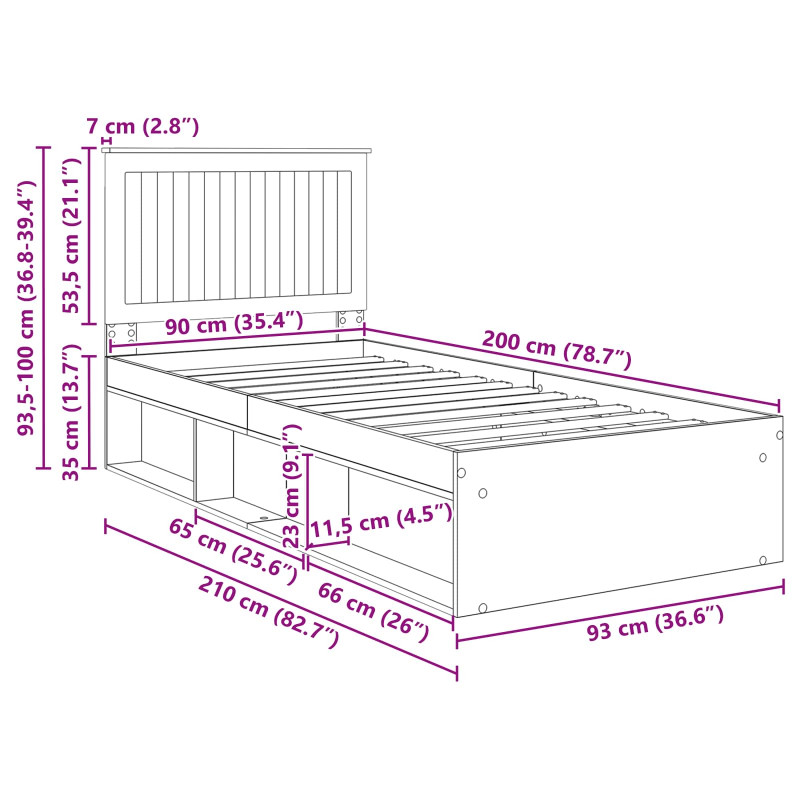 Ramka łóżka Z zagłówkiem Czarny 90 x 200 cm Lite drewno sosnowe