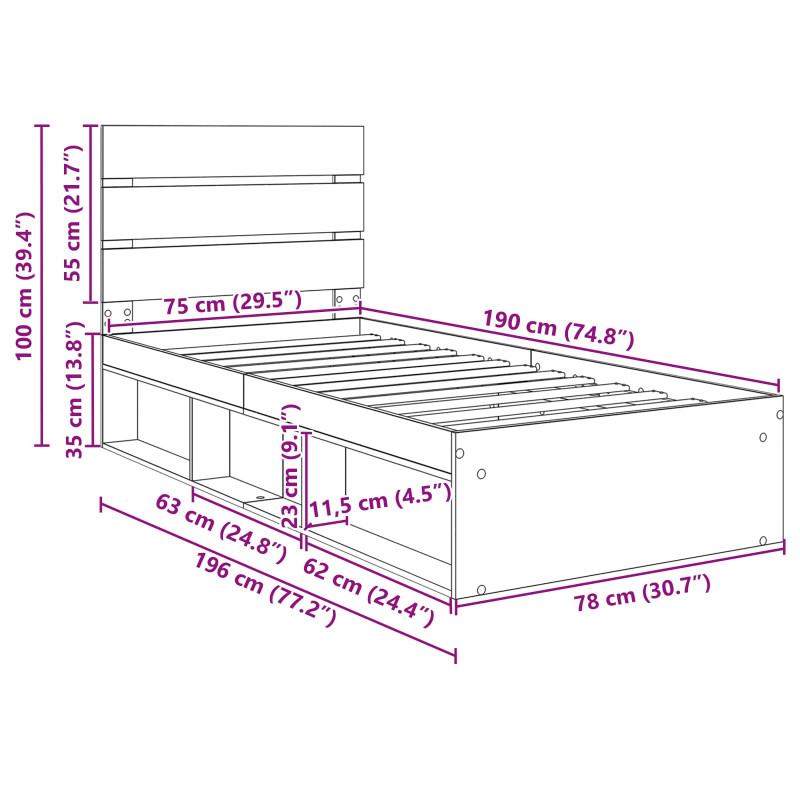 Ramka łóżka Dąb wędzony 75 x 190 cm Lite drewno sosnowe