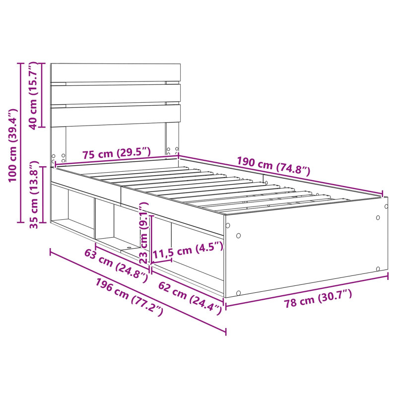 Ramka łóżka Dąb Sonoma 75 x 190 cm Lite drewno sosnowe